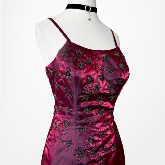 Vintage Burgundy Red Satin Beaded Fit Flared Maxi Prom Dress Size S - Picture 6 of 8